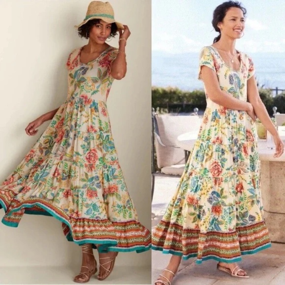 Soft Surroundings Kara Dress Floral Boho Garden Short Sleeve Maxi Full